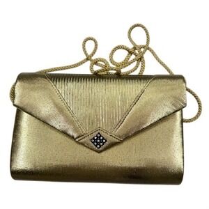 Vintage Gold Metallic Envelope Clutch Evening Bag Rhinestones Rope Strap Party